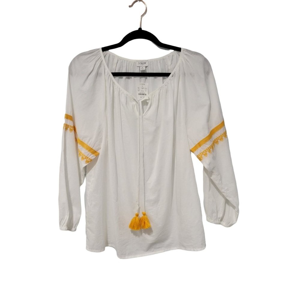 J. Crew Blouse- Tunic  3/4 Sleeves w/ embroidered White Yellow Size M 100% co
